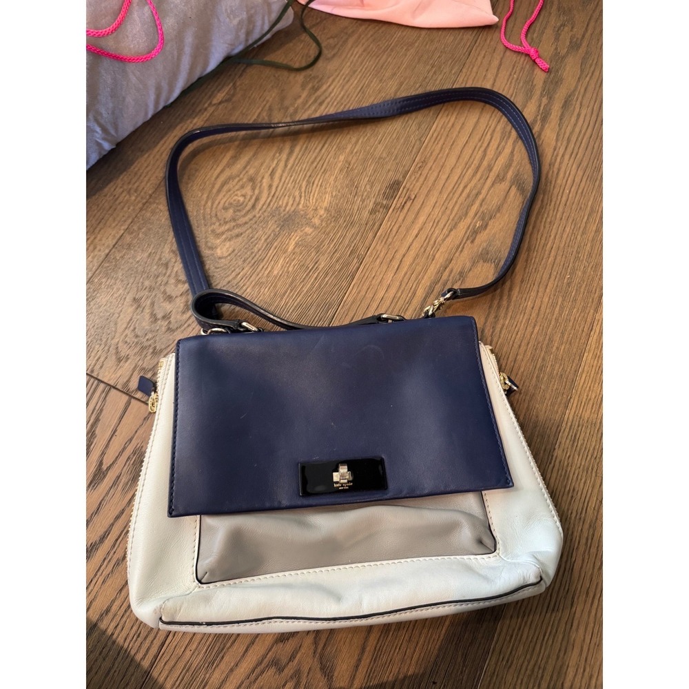 Kate Spade New York Colorblock Leather Crossbody Bag Navy Grey Cream Turnlock
